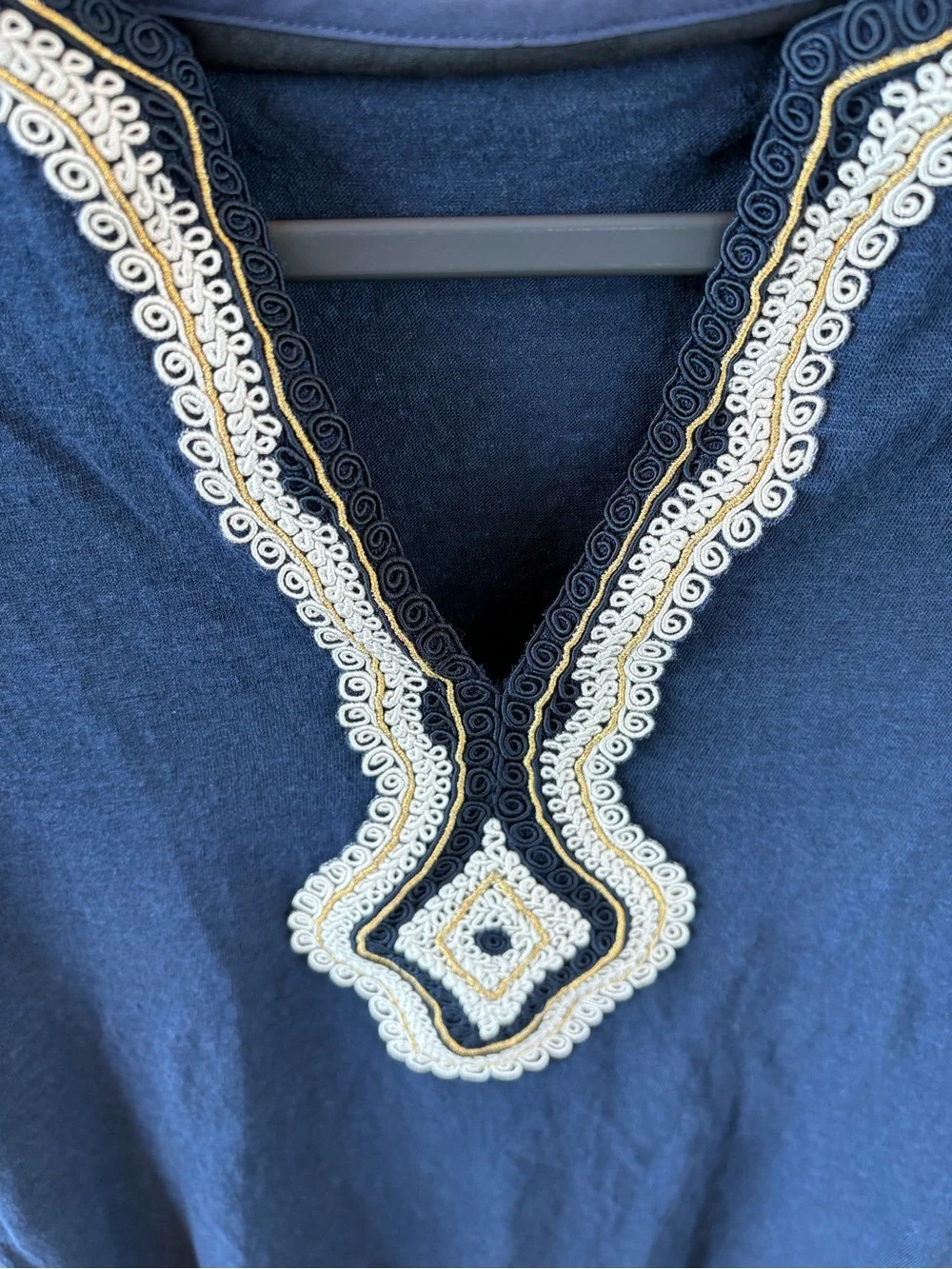 Tory Burch Navy Short-Sleeve Top with White Embroidered V-Trim